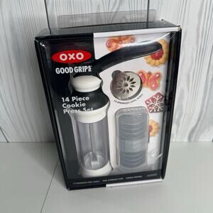 New OXO Good Grips 14 Piece Cookie Press Set W/ 12 Stainless Steel Disks & Case